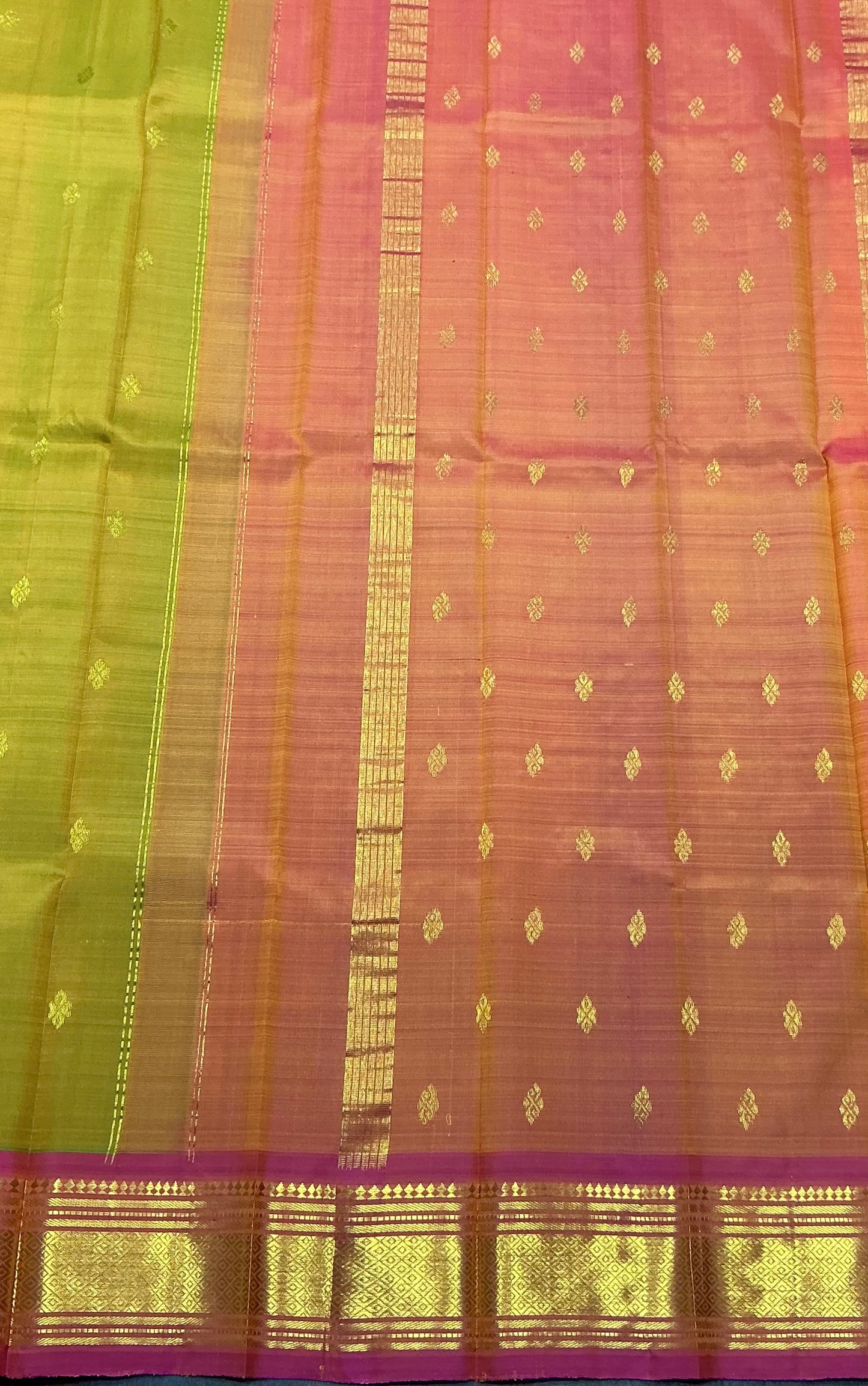 Pure Kanchipuram Silk Saree Lime Green Colour with Pink Gold Zari Border