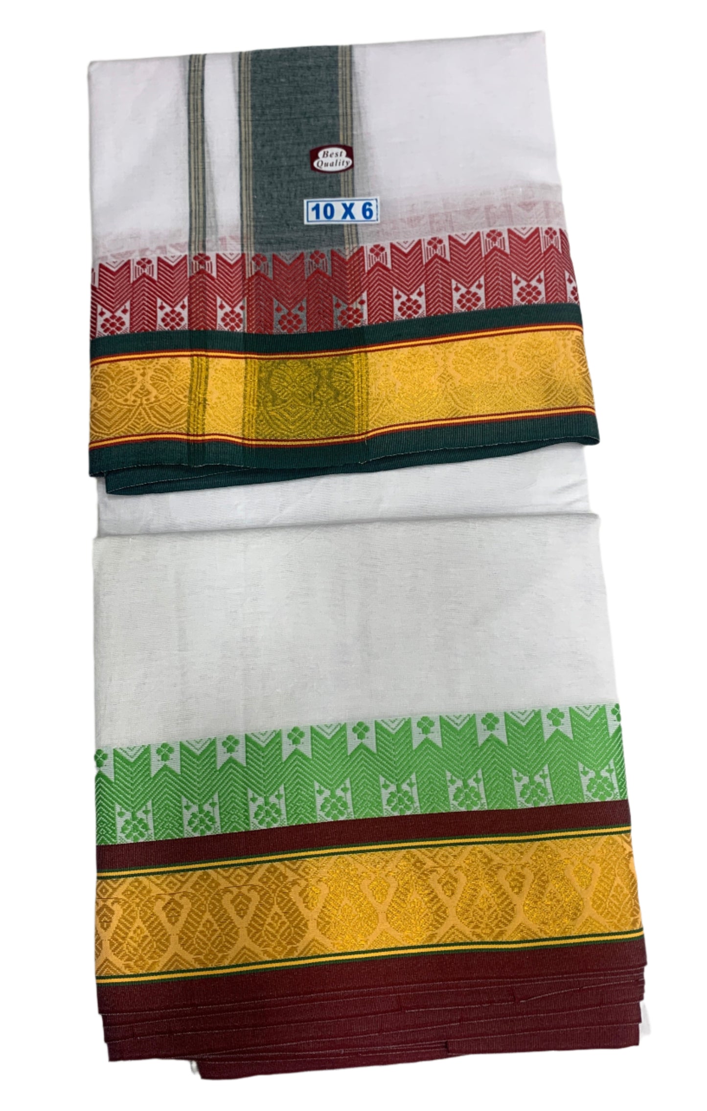 10X6 Cotton Dhoti White Colour with Yellow and Dark Green Border