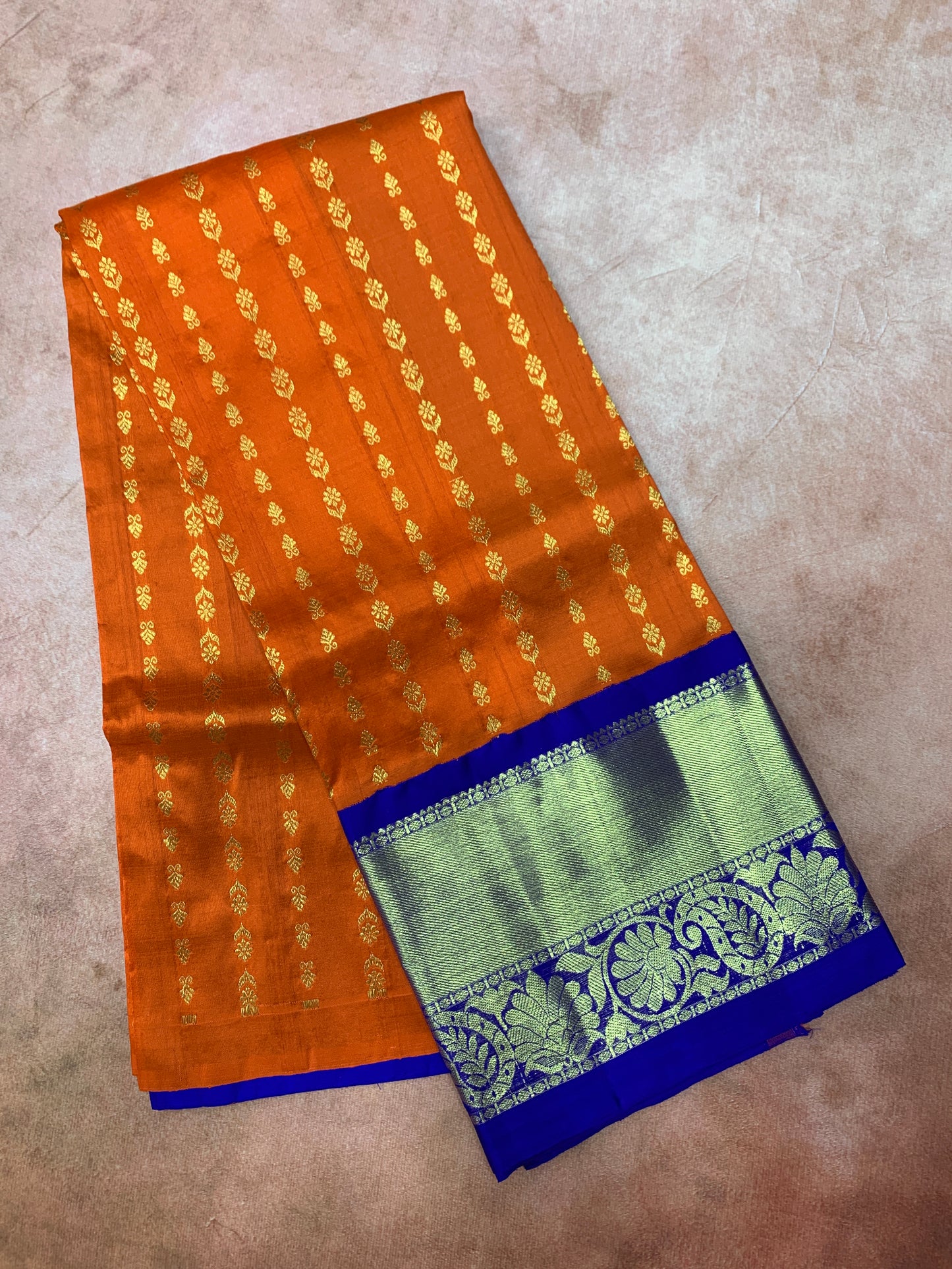Orange shade Pure Kanchipuram Kids Pattu Pavadai with Contrast Border for age 5 to 10