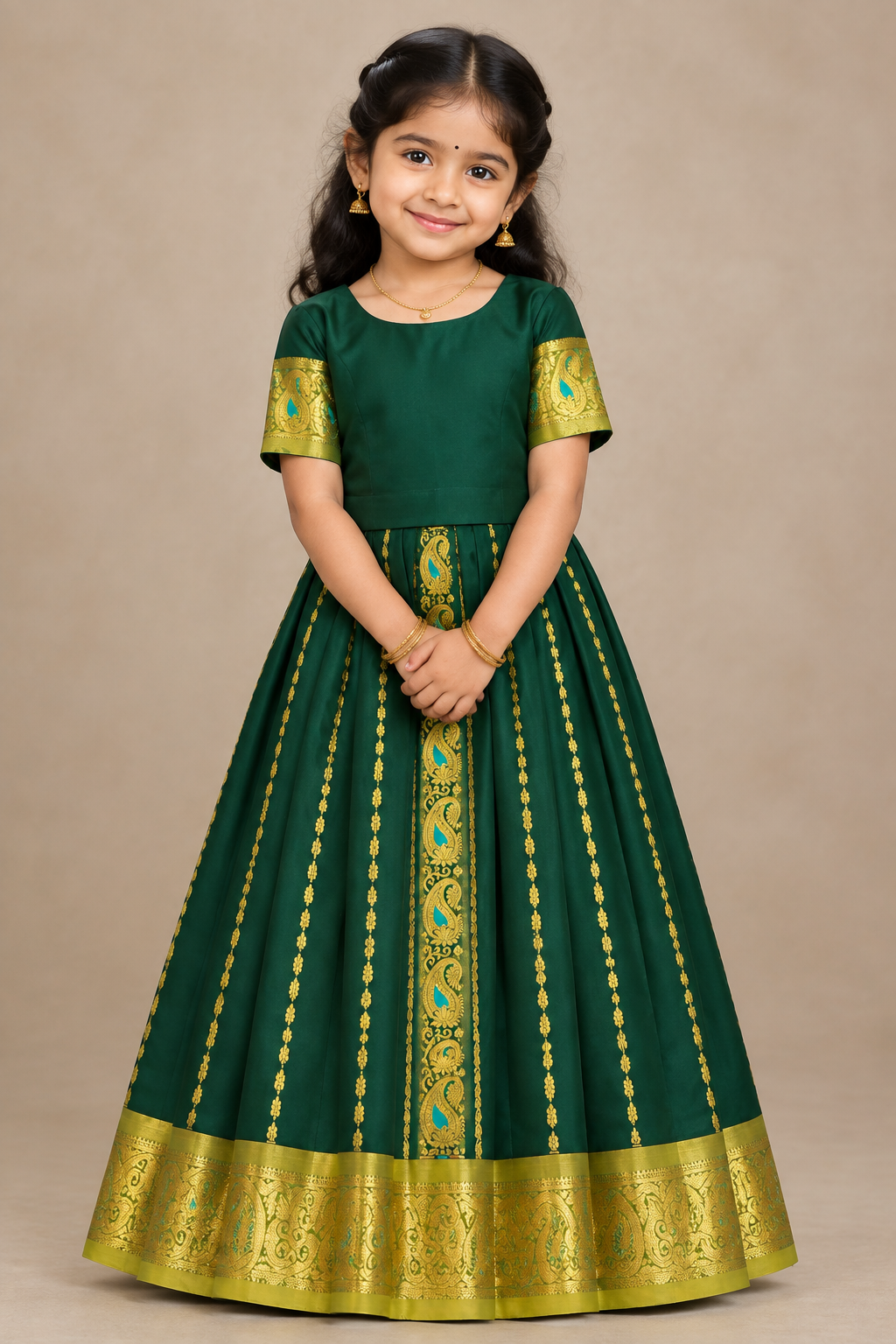 Green Shade Semi silk Kids Pattu Pavadai with Contrast border for age 5 to 10