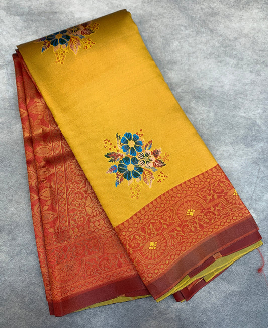 Fancy Tissue Saree Mustard Colour with Maroon Border