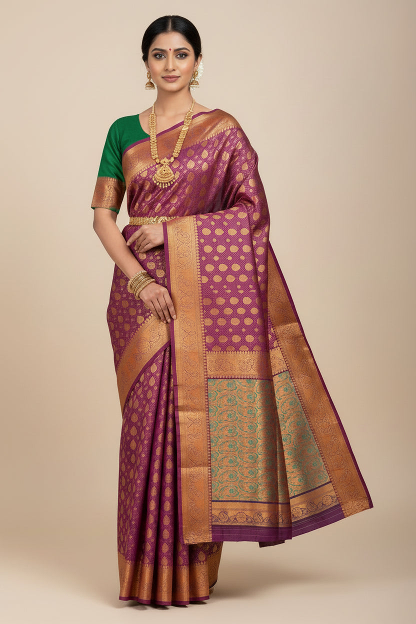 Vegan Silk Saree Magenta Colour with Green and Copper Border