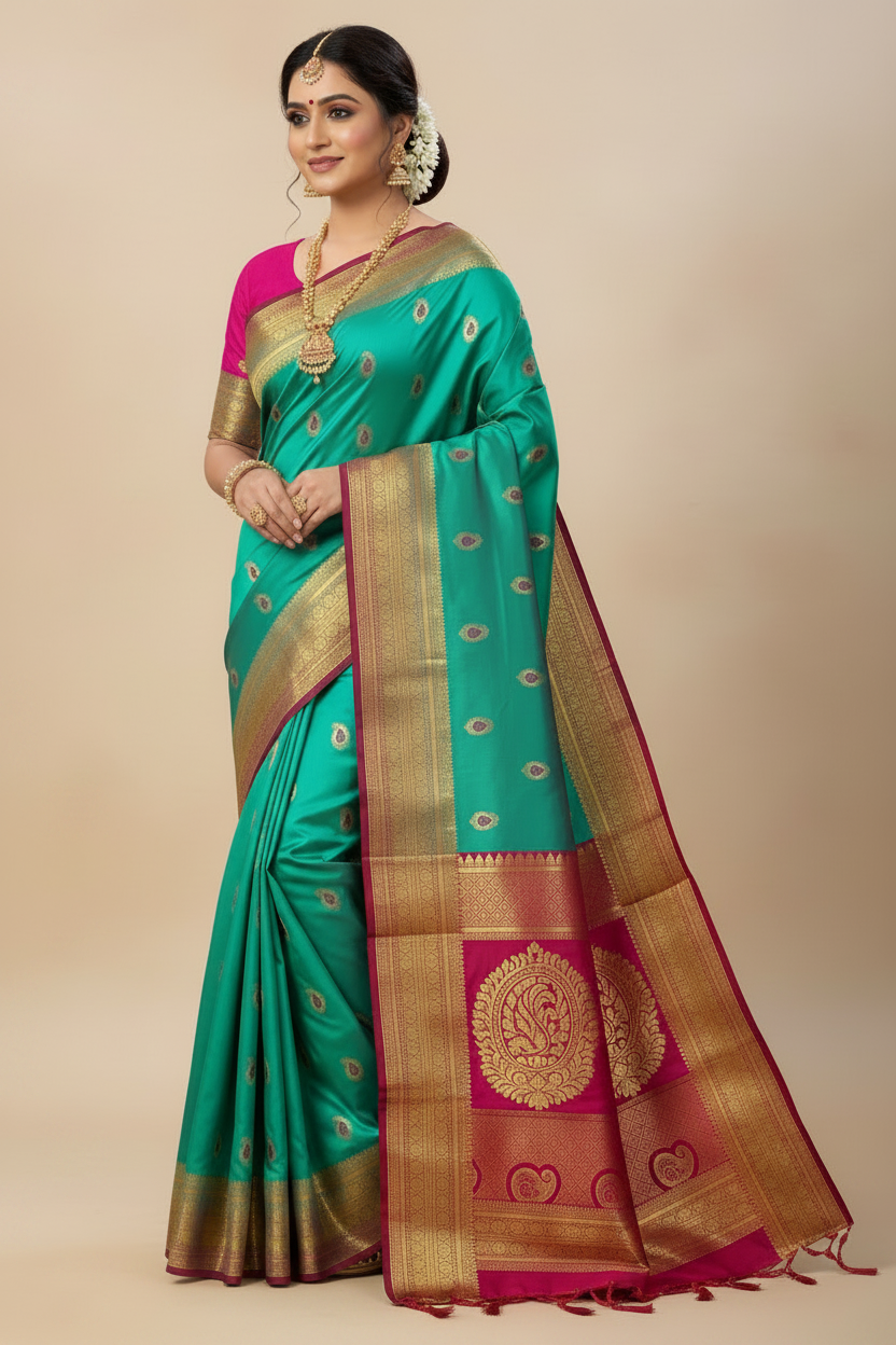 Pure Kanchipuram Silk Sapphire Blue Colour saree with Pink Border