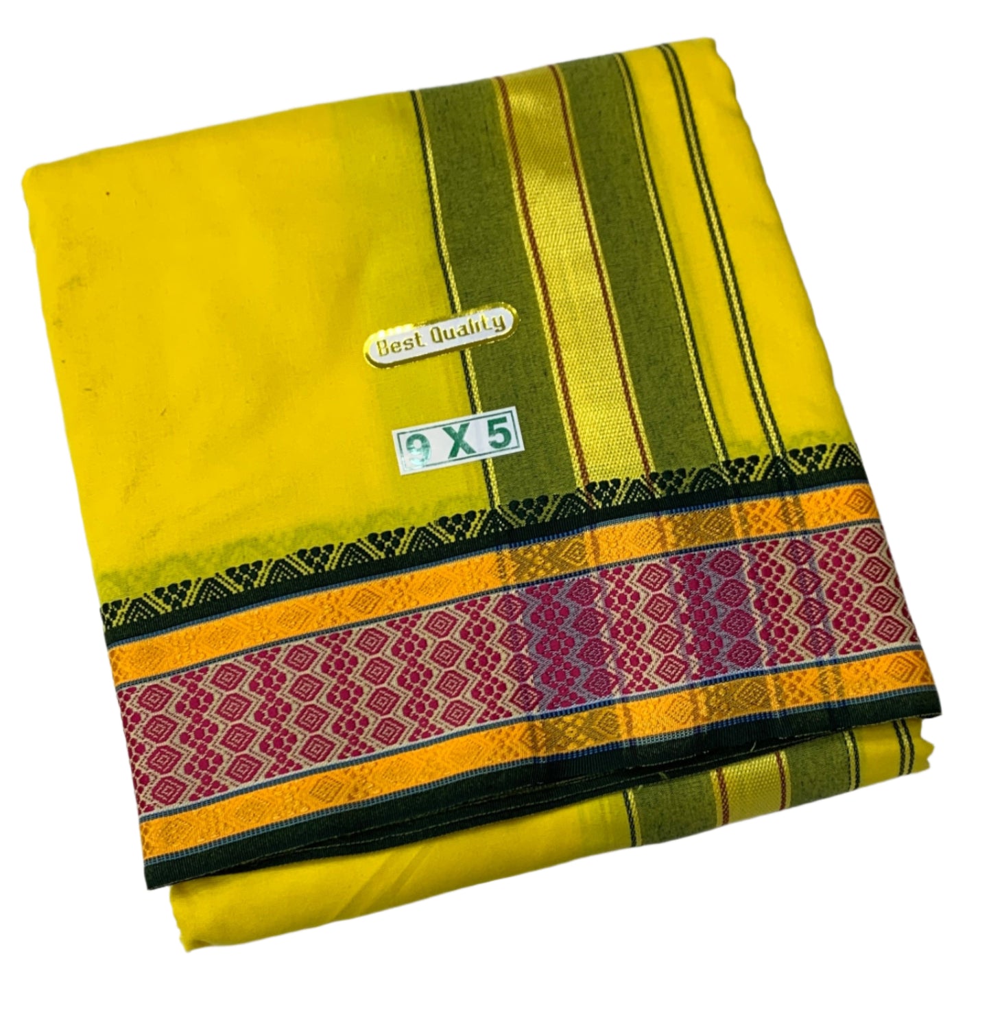 9X5 Cotton Dhoti Yellow Pink and Rama Green Border with Angavastram
