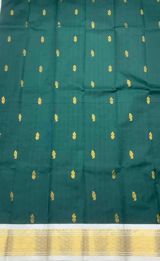 Semi Silk Saree Green Colour with White and Gold Zari Border