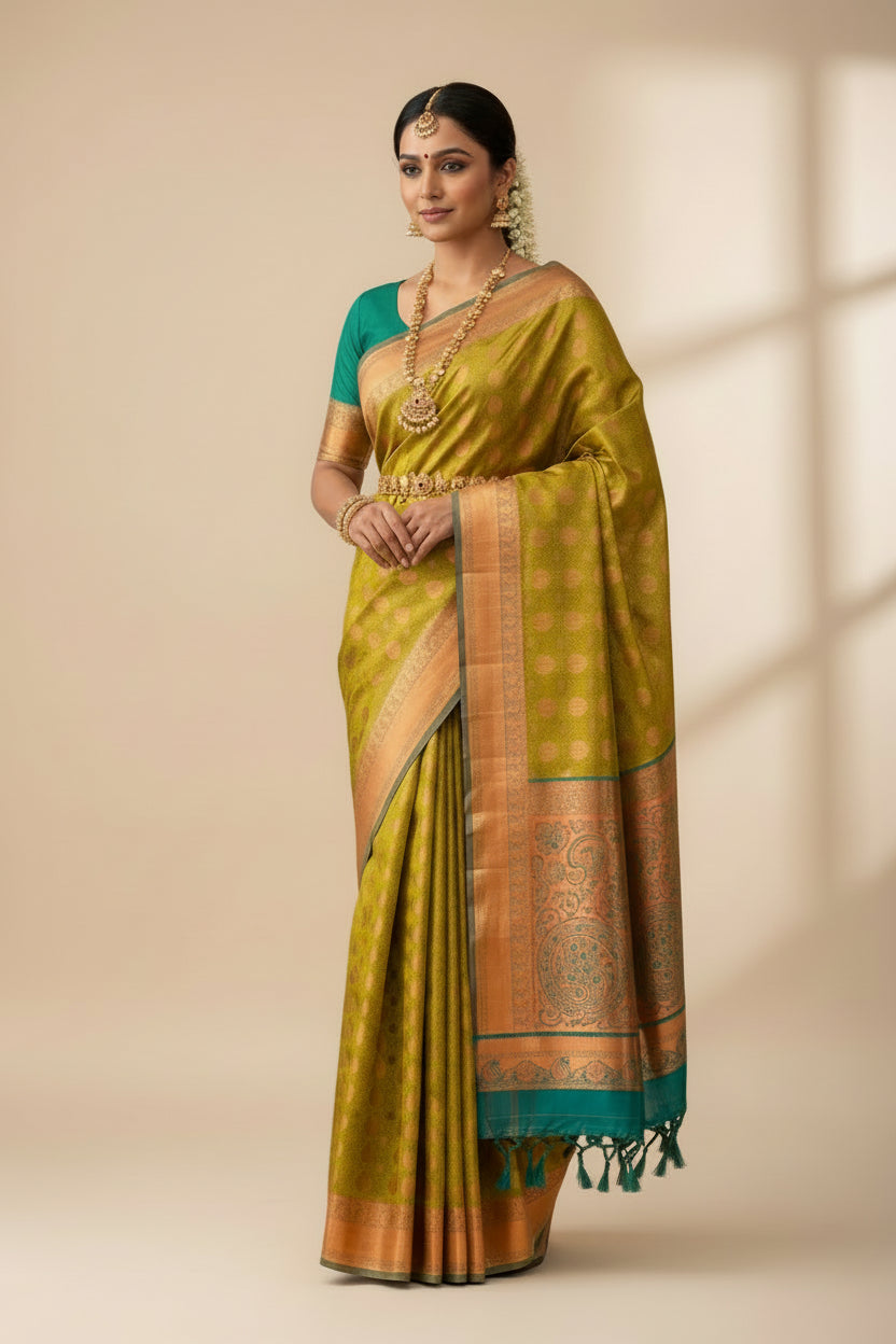 Vegan Silk Saree Lime Green Colour with Light Green and Copper Border
