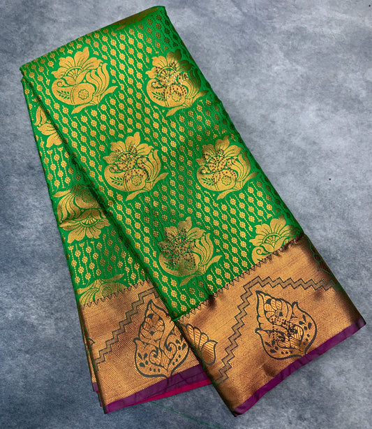 Vegan Silk Saree Light Green Colour with Copper and Magenta Border