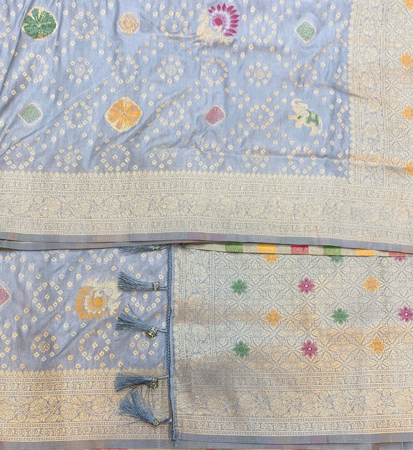 Banaras Soft Silk Saree Gray Colour with Sliver Colour Floral Design Border