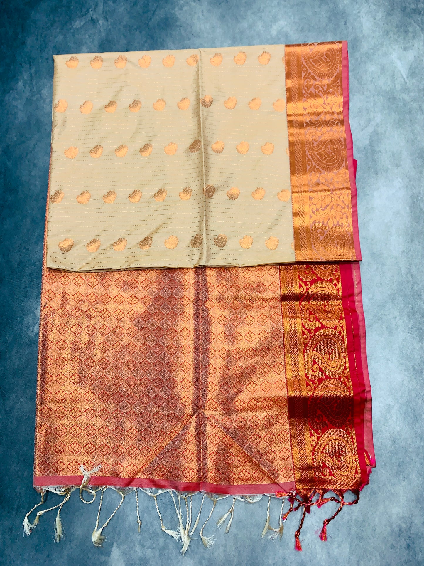 Soft Vegan Silk Saree Sandal Colour with Onion Pink and Copper Border