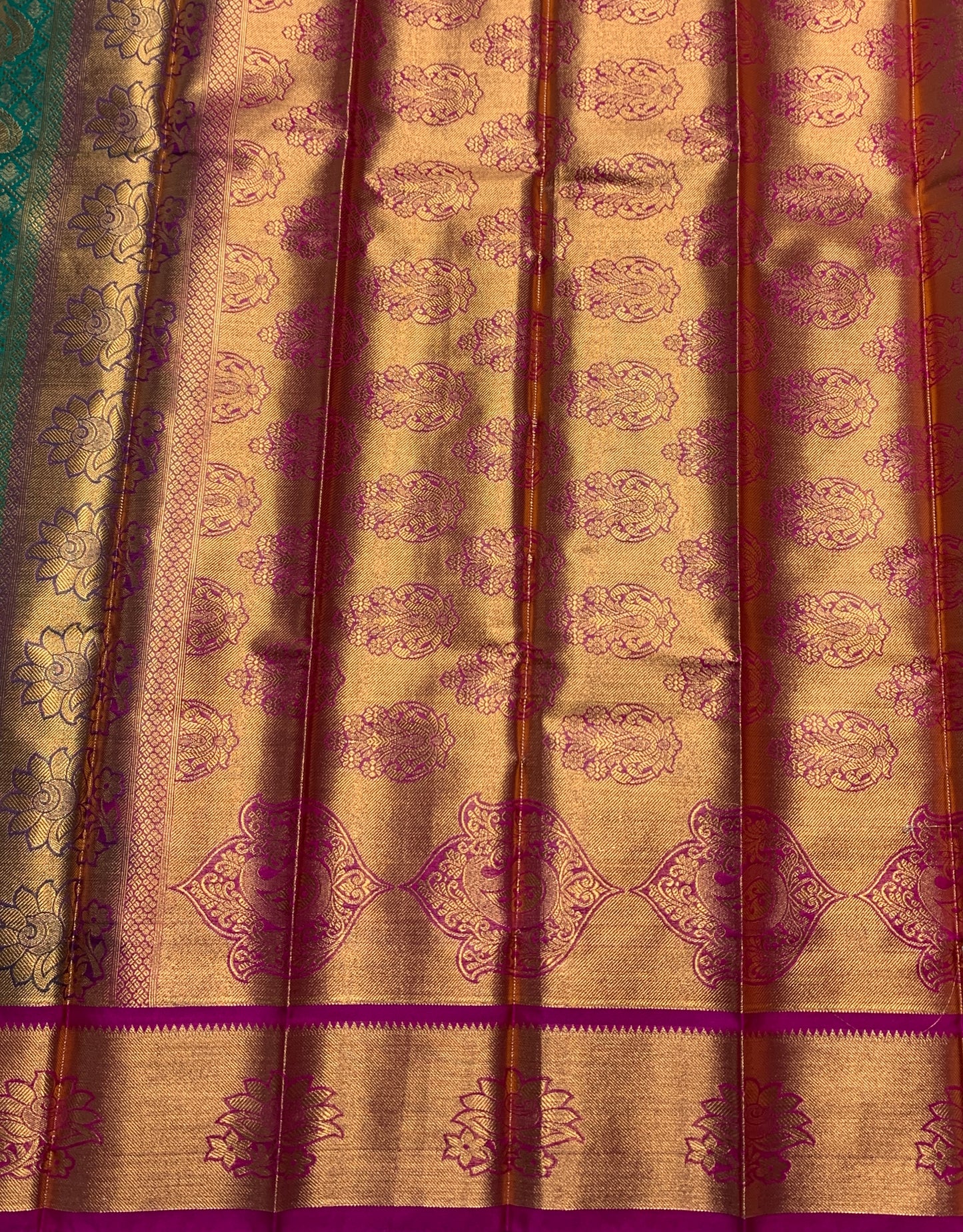 Vegan Silk Saree Rama Green Colour with Copper and Magenta Border
