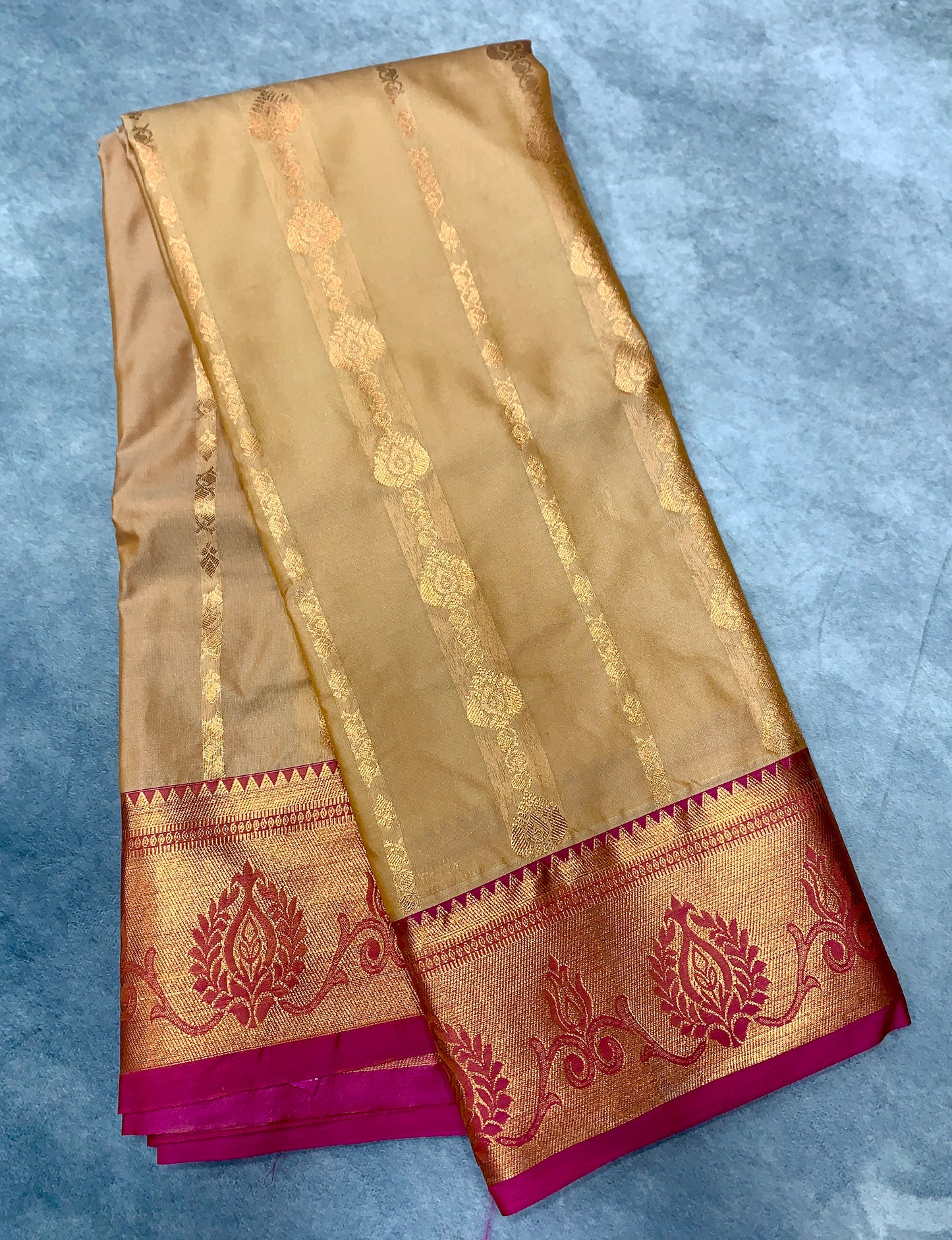 Soft Silk Casual Saree Golden Colour with Pink Colour and Copper Zari Border
