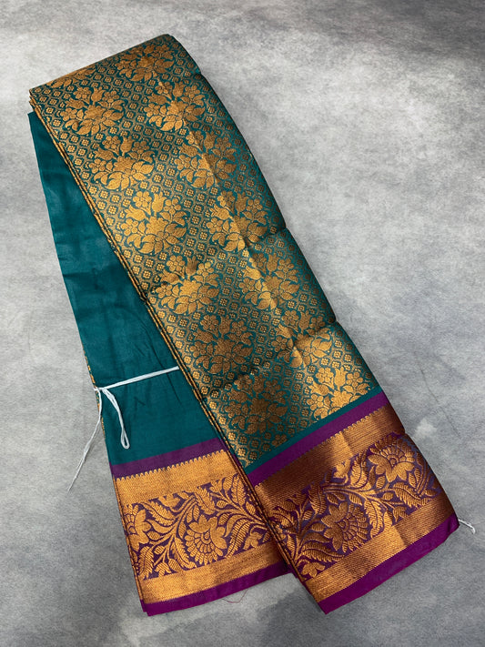 Vegan Silk Saree Rama Green Colour with Copper and Magenta Border
