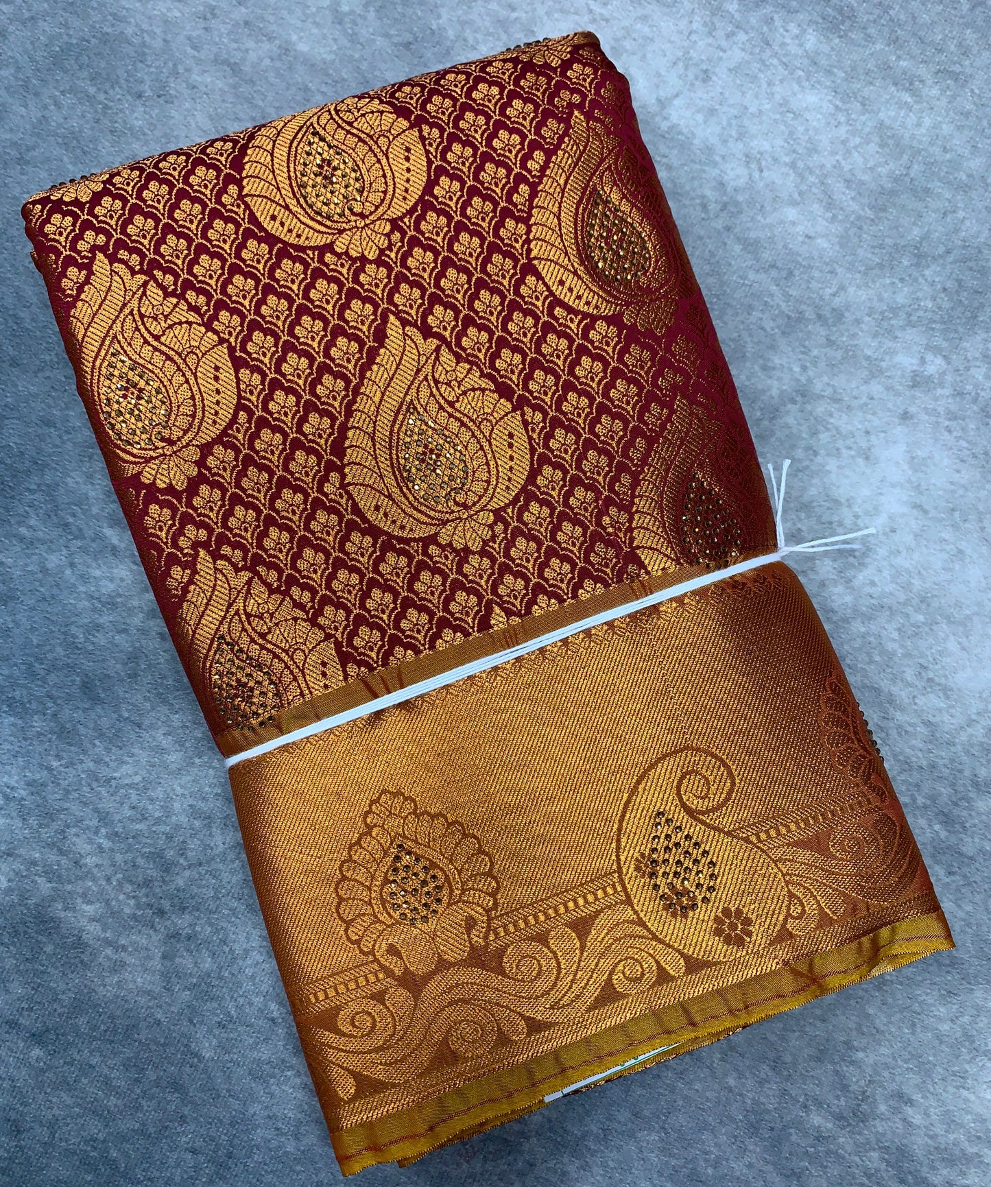 Vegan Silk Saree Maroon Colour with Copper and Golden Yellow Border