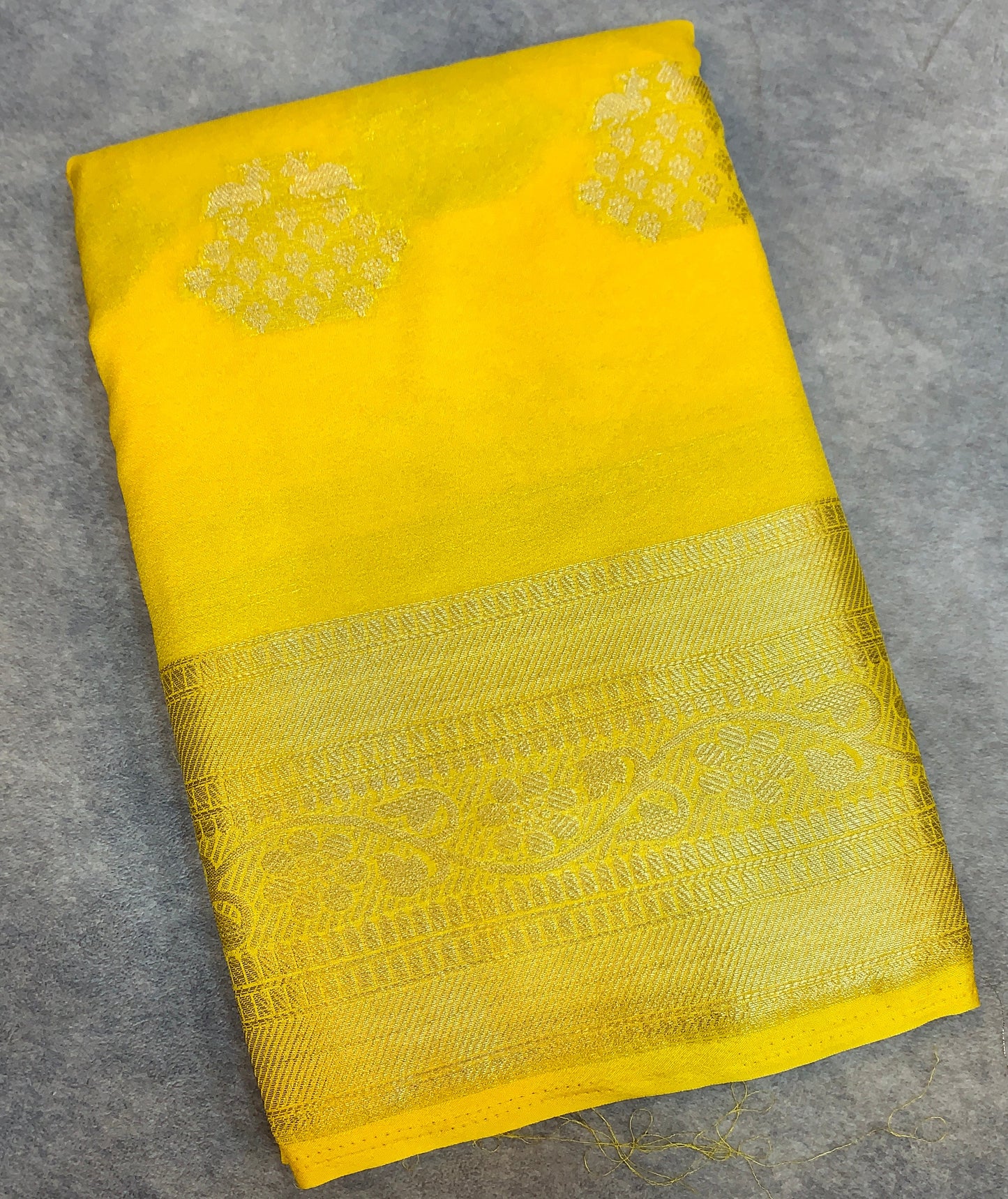 Crepe Saree Yellow Colour with Sliver Zari work Border