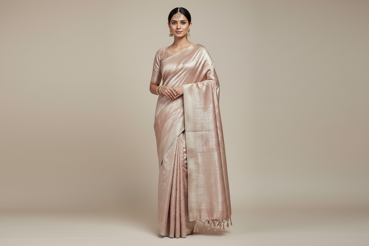 Fancy Tissue Saree Peach Colour with Self Design Border