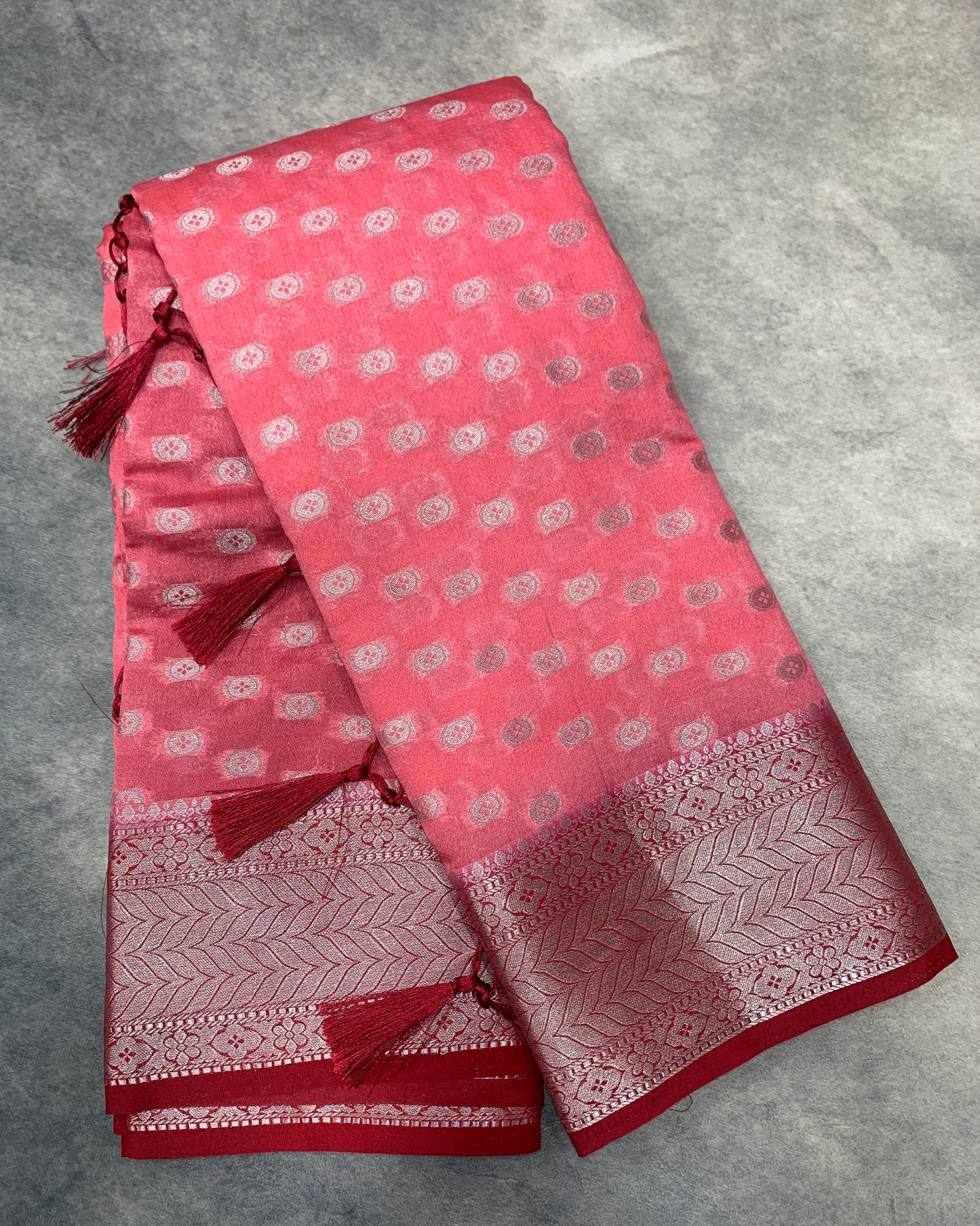 Crepe Saree Peach Colour with Red Border