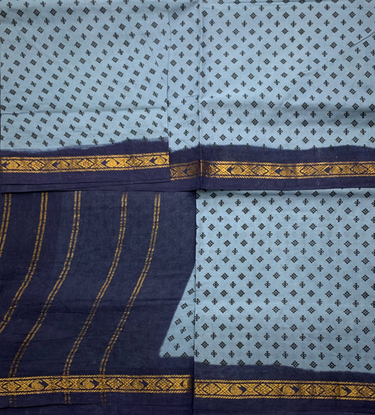 9 yards Cotton Saree Gray Colour with Navy Blue Border