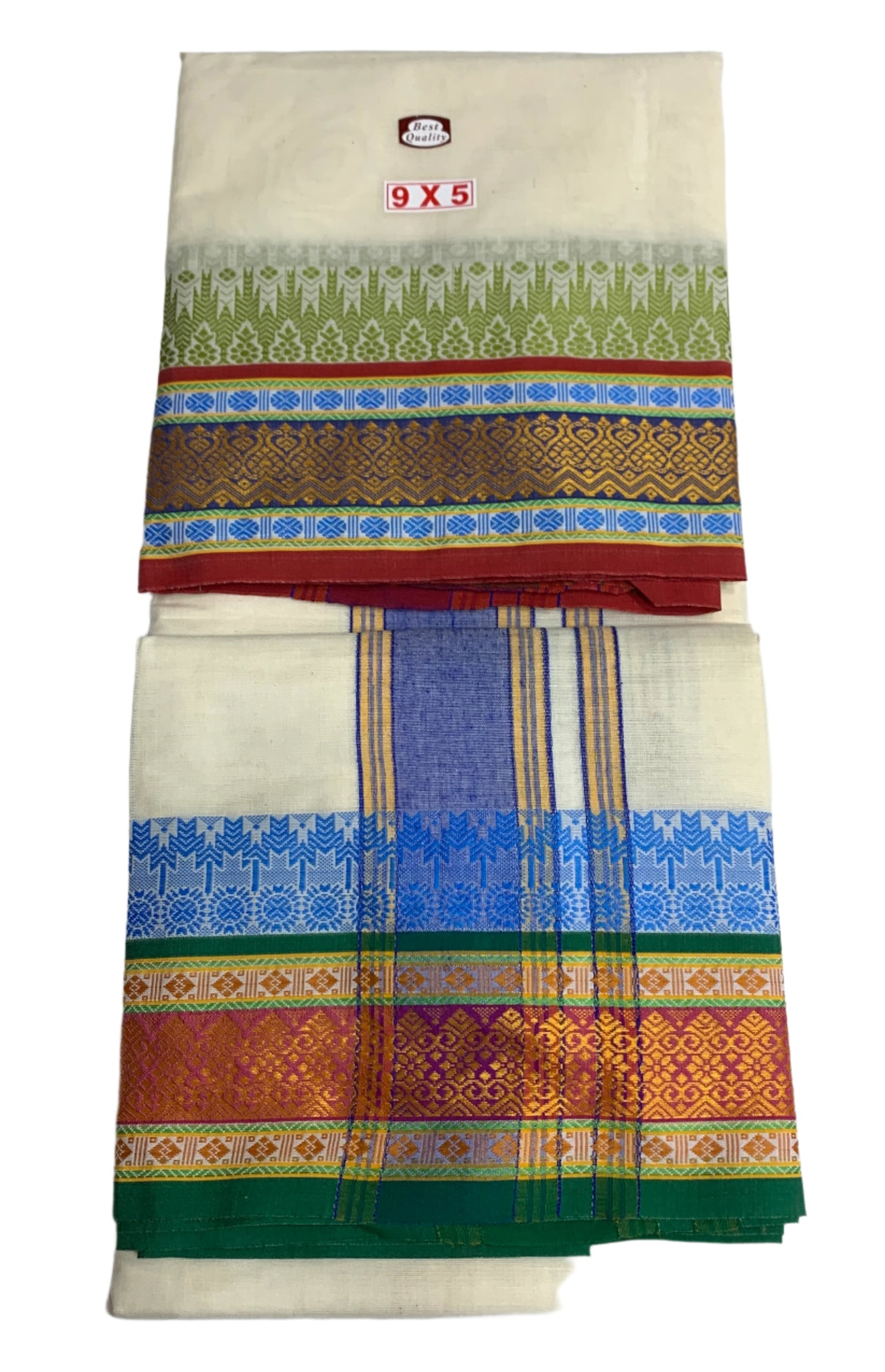 9X5 Cotton Unbleached Dhoti with Angavastram with Multi Colour Border