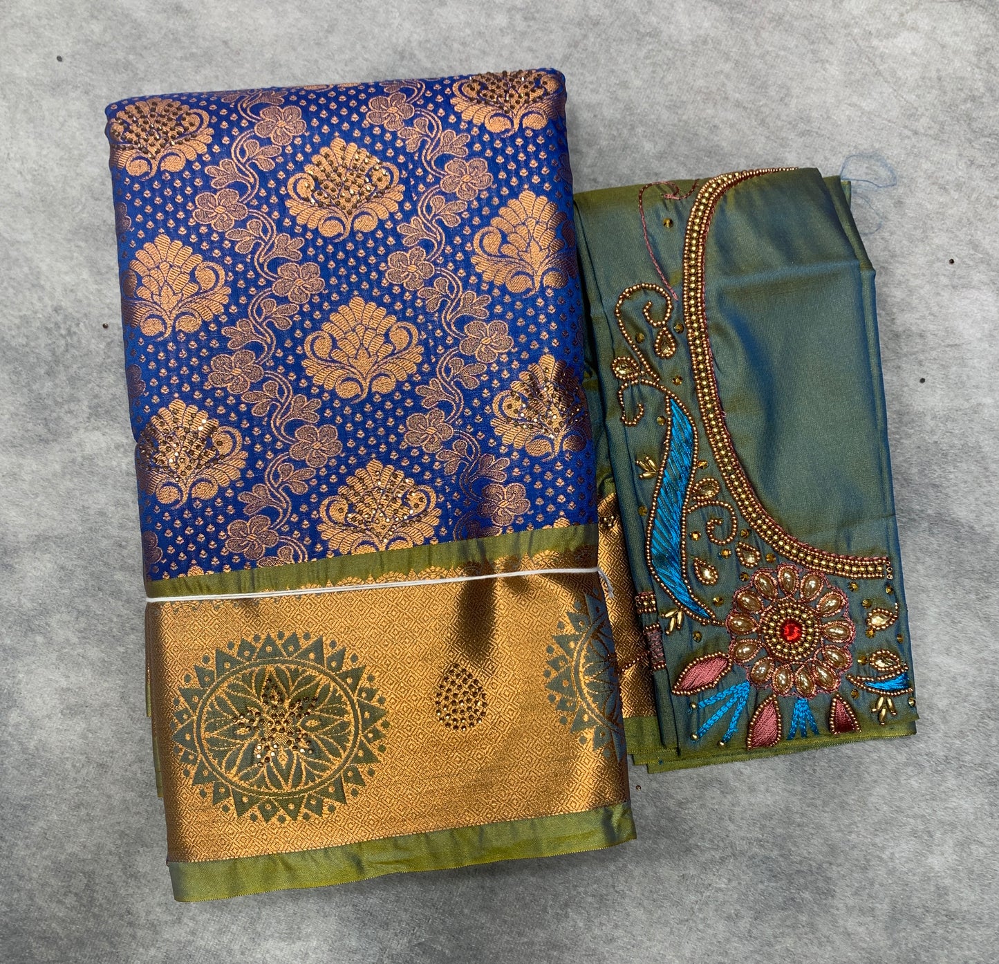 Bridal Vegan Silk Saree Blue shade with Light Green Border with Unstitched blouse in Aari Work
