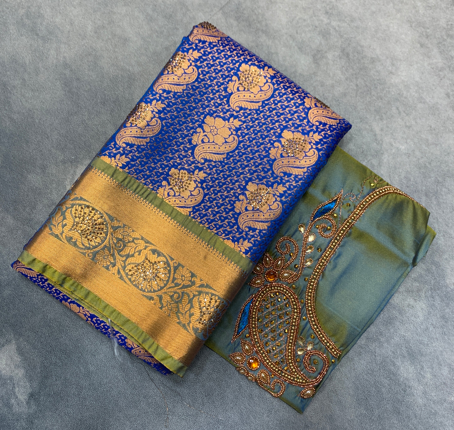 Bridal Vegan Silk Saree Blue Colour with Light Green Border with Unstitched blouse in Aari Work