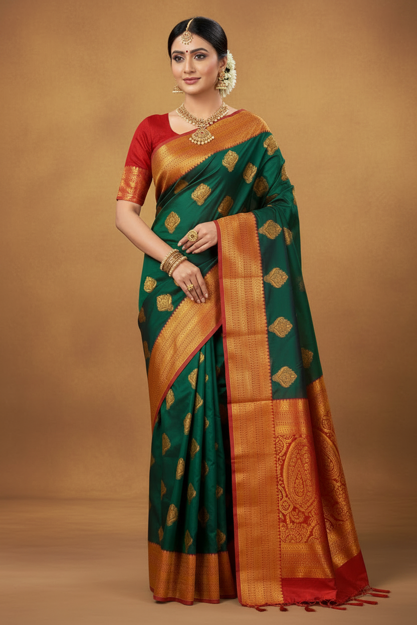 Soft Silk Casual Saree Green Colour with Maroon and Golden Colour Border