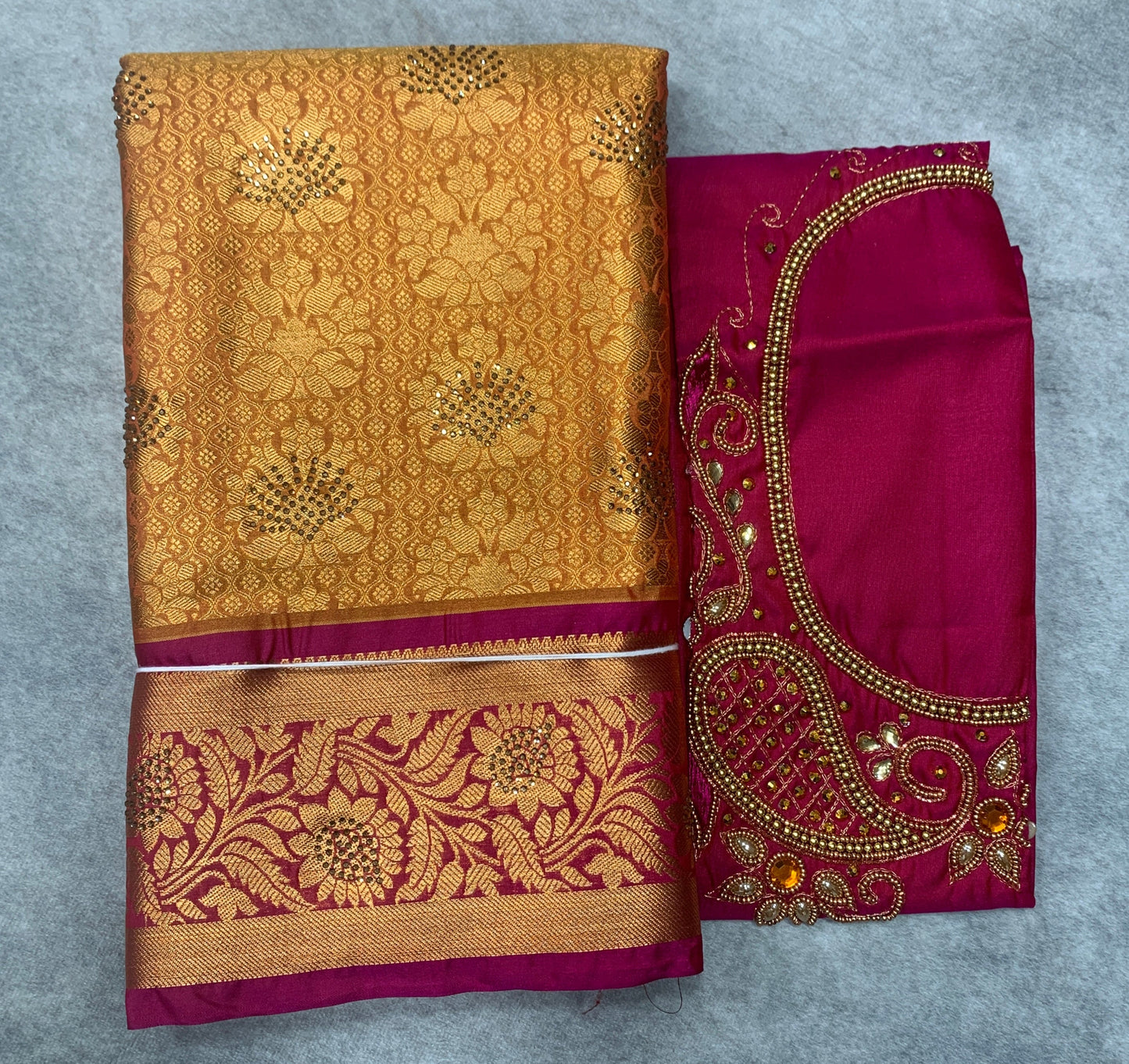 Bridal Vegan Silk Saree Golden Yellow shade with Pink Border with Unstitched blouse in Aari Work