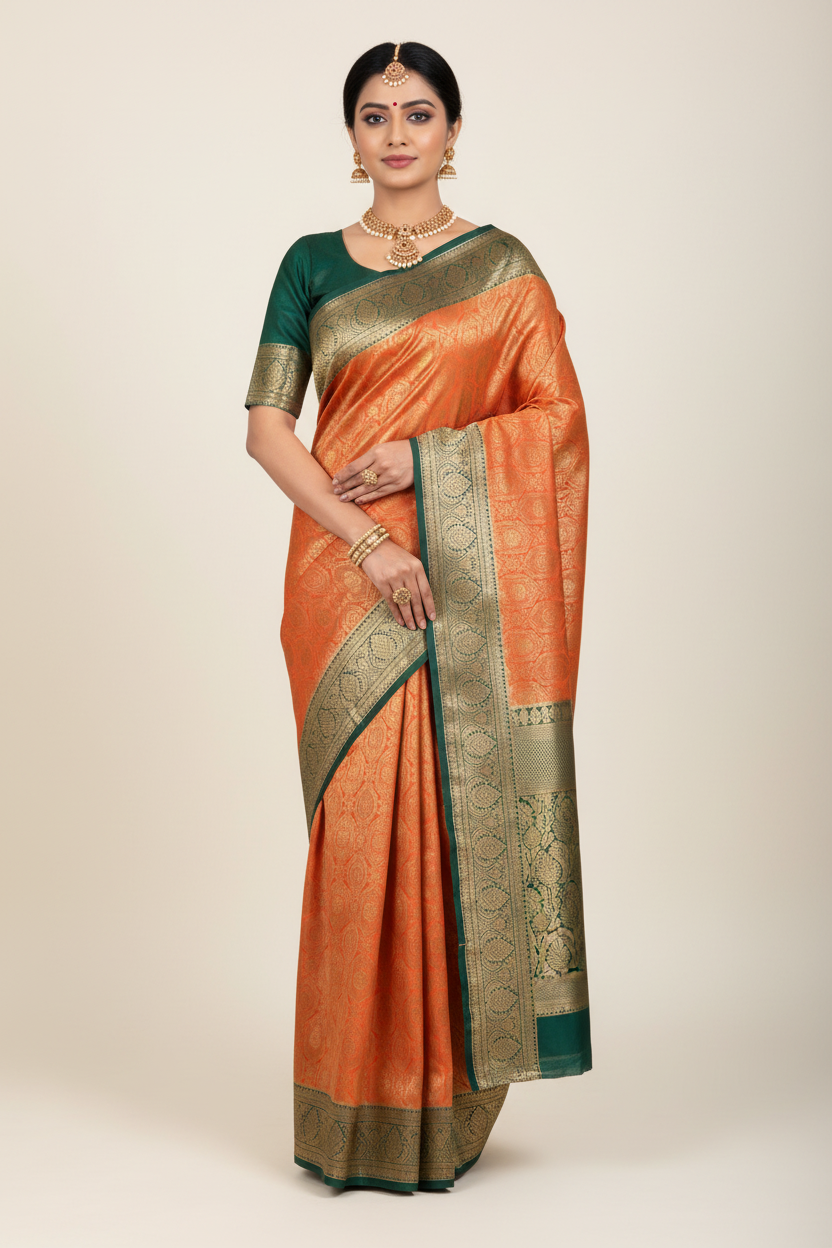 Fancy Tissue Saree Orange Colour with Rama Green Colour Border
