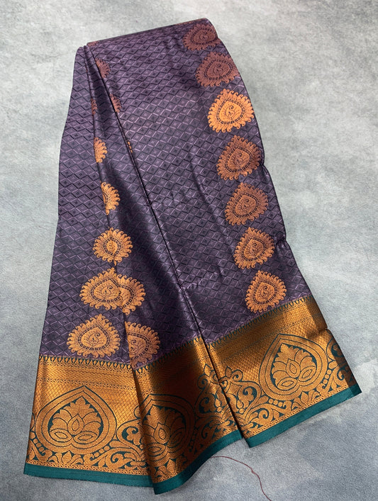 Vegan Silk Saree Gray Colour with Copper Border