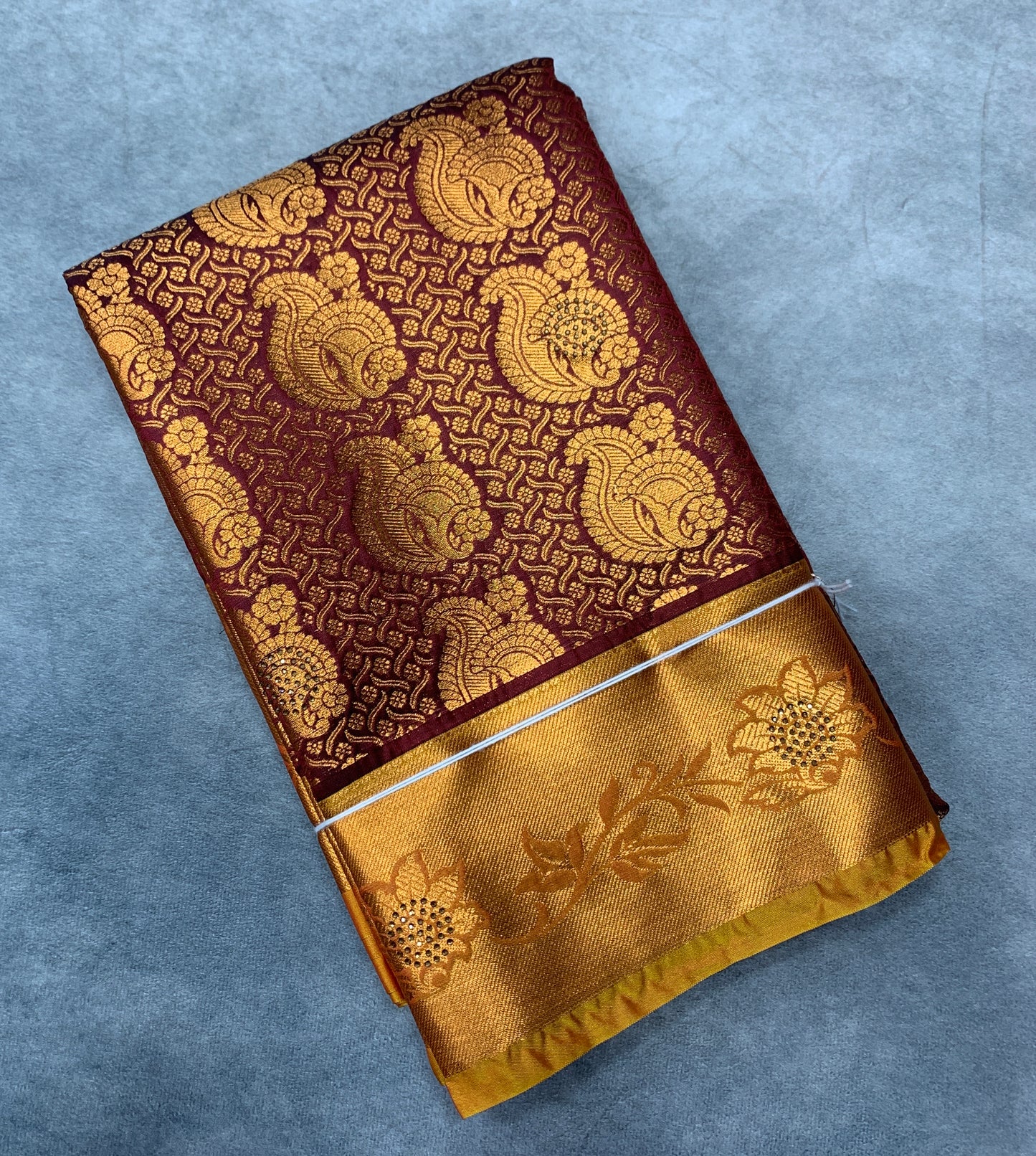 Vegan Silk Saree Brown Colour with Copper and Golden Yellow Border