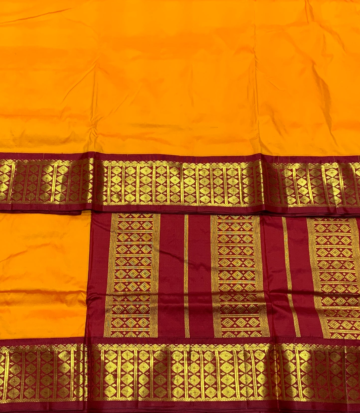 9 yards Pure Kanchipuram Silk Saree Mango Yellow Colour with Maroon and Golden Zari Border
