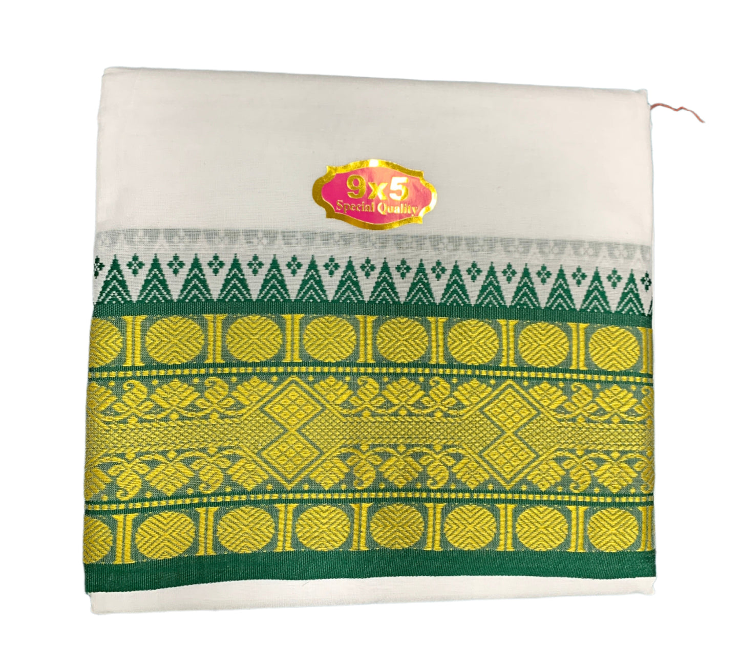 9X5 Cotton Dhoti White with Green and Brown Ganga Jamuna Border