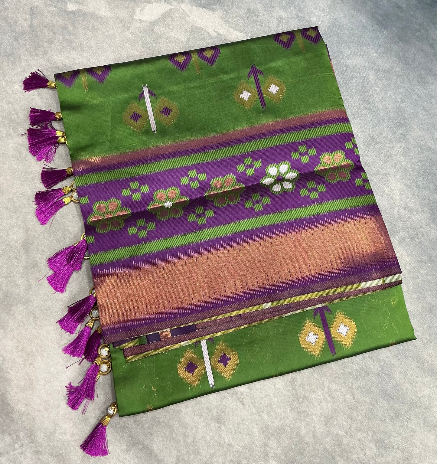 Pochampalli Semi Silk Saree Green Colour with Magenta Border