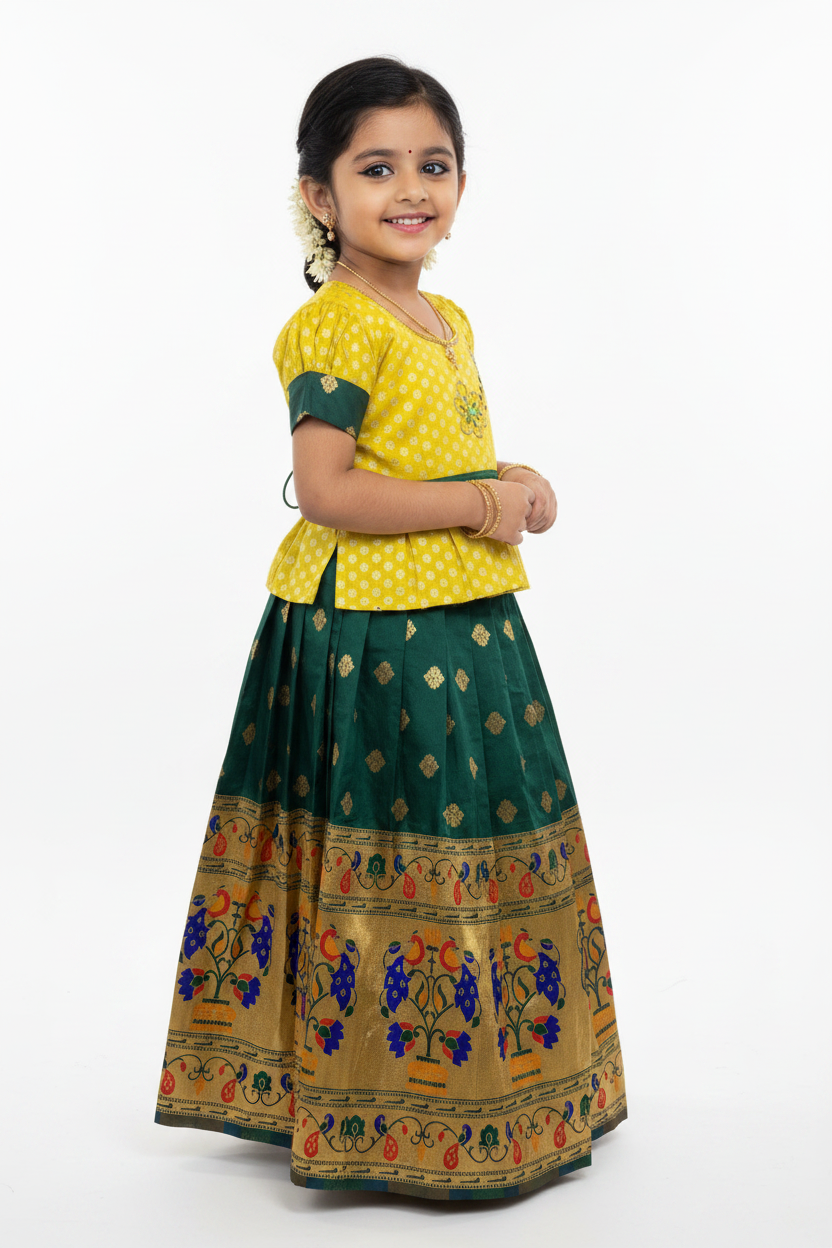 Ready To Wear Green Pavadai with Contrast Yellow Blouse