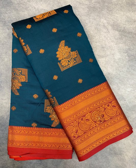 Soft Silk Casual Saree Dark Blue Colour with Maroon and Golden Colour Border