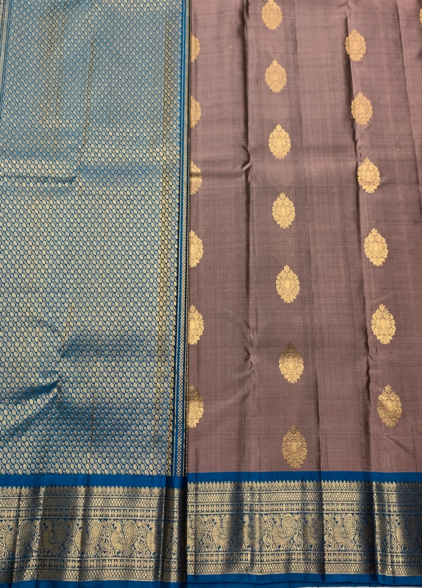 Pure Kanchipuram Silk Chocolate Brown Colour with Sky Blue Border