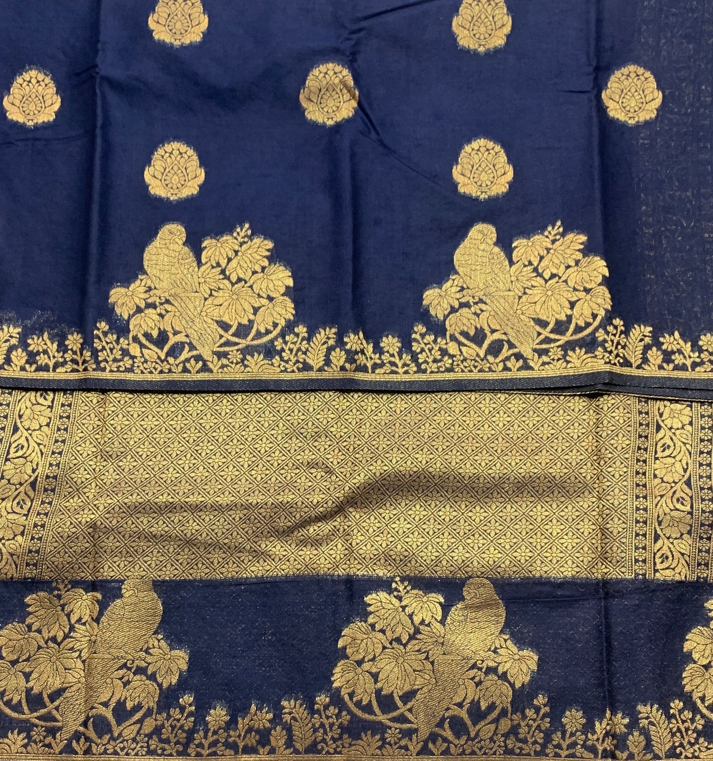 Kora Silk Saree Blue Colour with Flower and Parrot Design Border