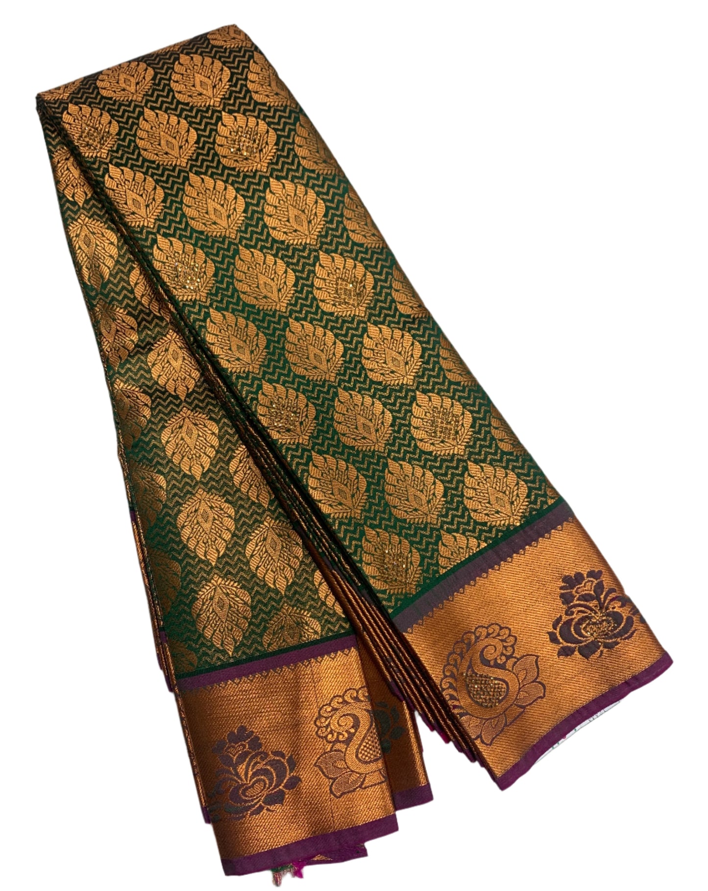 Vegan Silk Saree Green Colour with Copper and Magenta Border