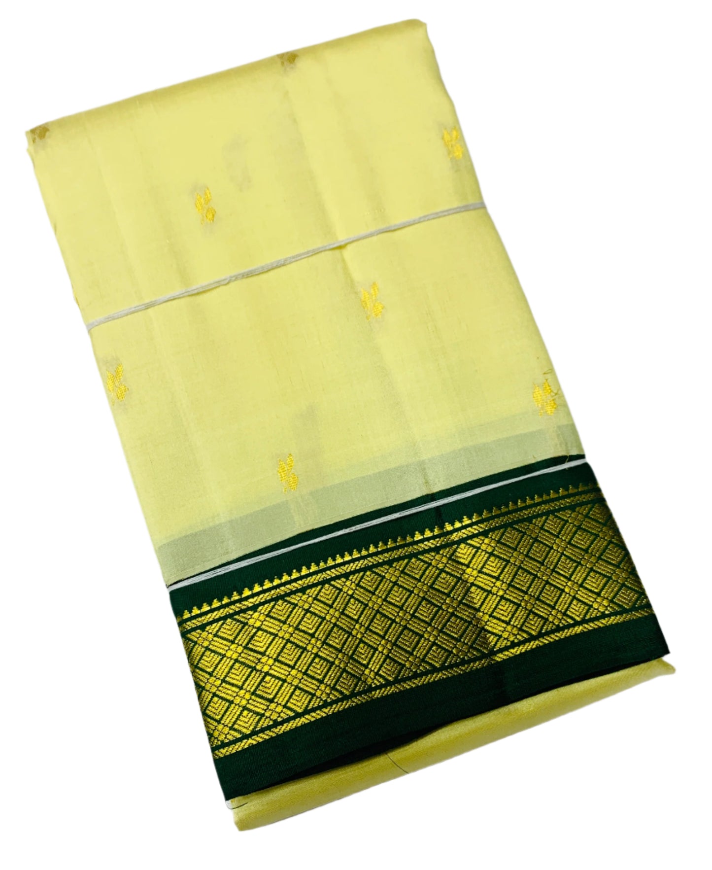 Pure Kanchipuram Silk Saree Light Cream Colour with Green Border