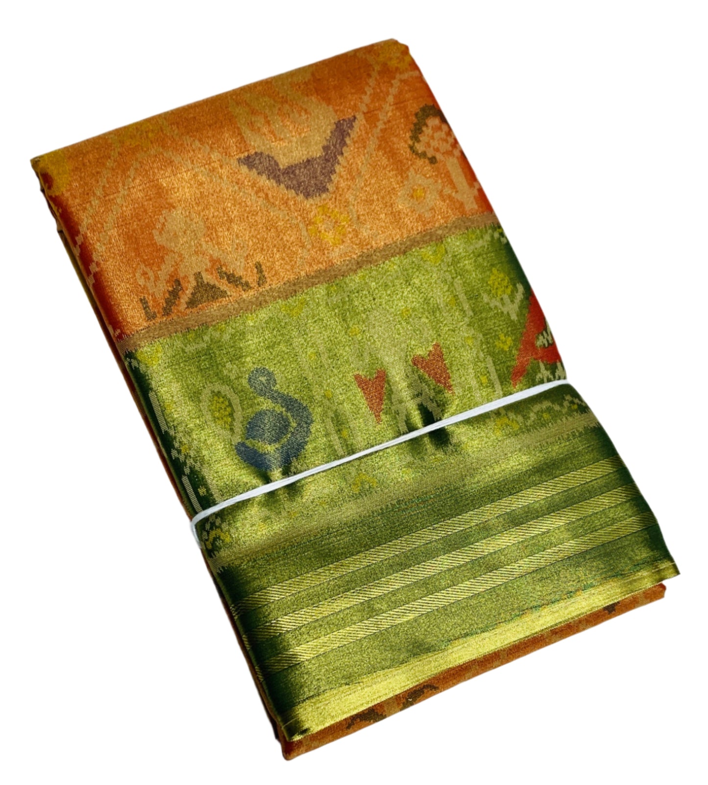 Pochampalli Tissue Silk Saree Golden Orange Colour with Golden Green Border