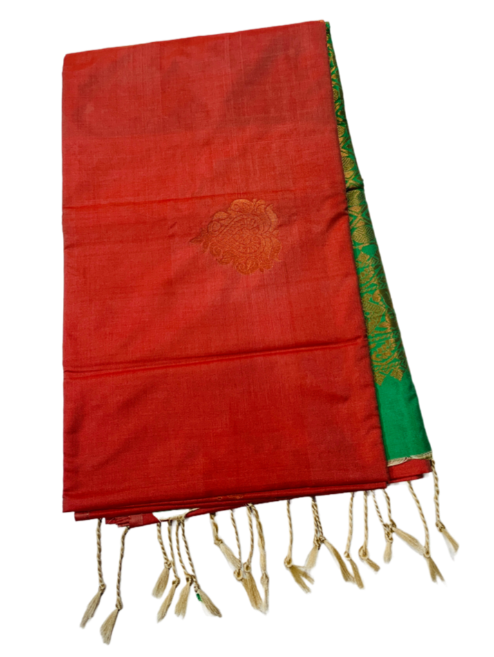 Soft Vegan Silk Saree Brownish Orange with Green Pallu