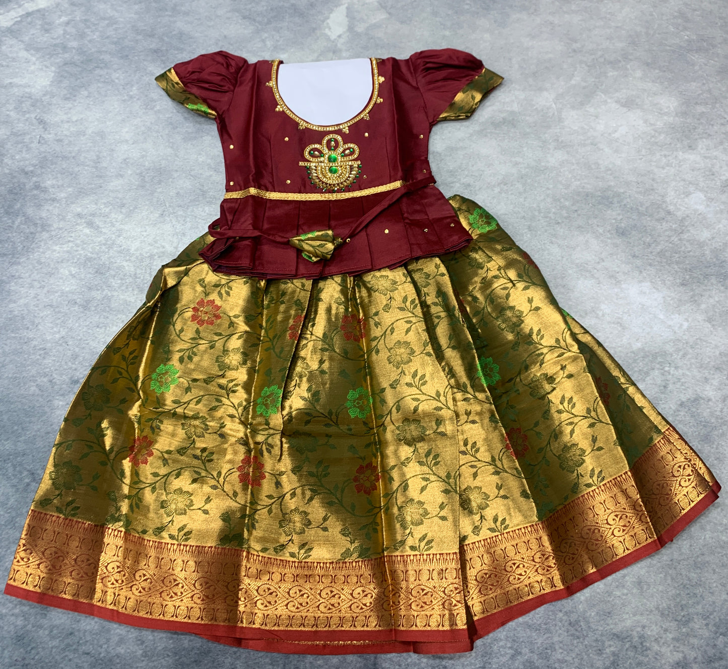 Ready To Wear Golden Green Pavadai with Contrast Brown Blouse