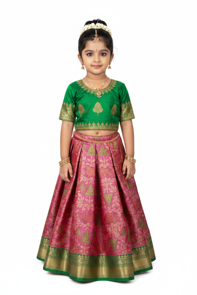 Pink Shade Vegan Silk Kids Pattu Pavadai with Contrast Border for Newborn to 2 Years