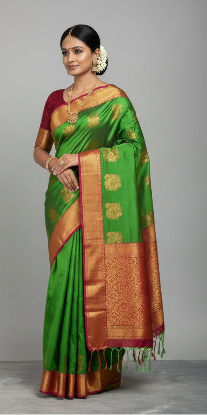 Soft Vegan Silk Saree Light Green Colour with Light Brown and Copper Border