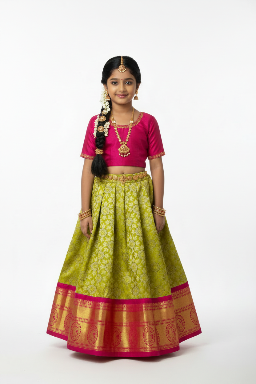 Yellow Green shade Vegan Silk Kids Pattu Pavadai with contrast border for age 5 to 10