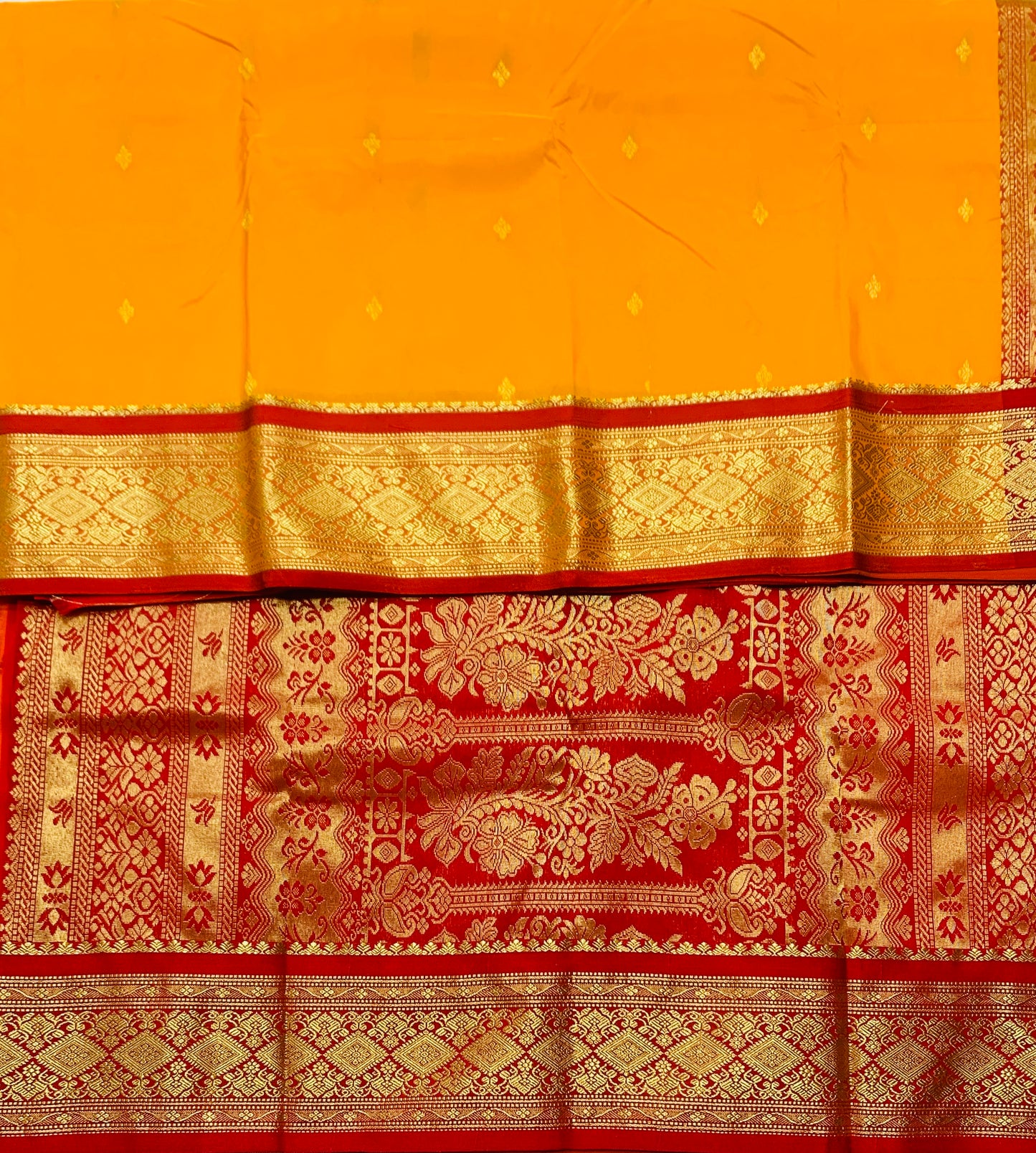 Mango Yellow Shade Saree with Golden and Red Border