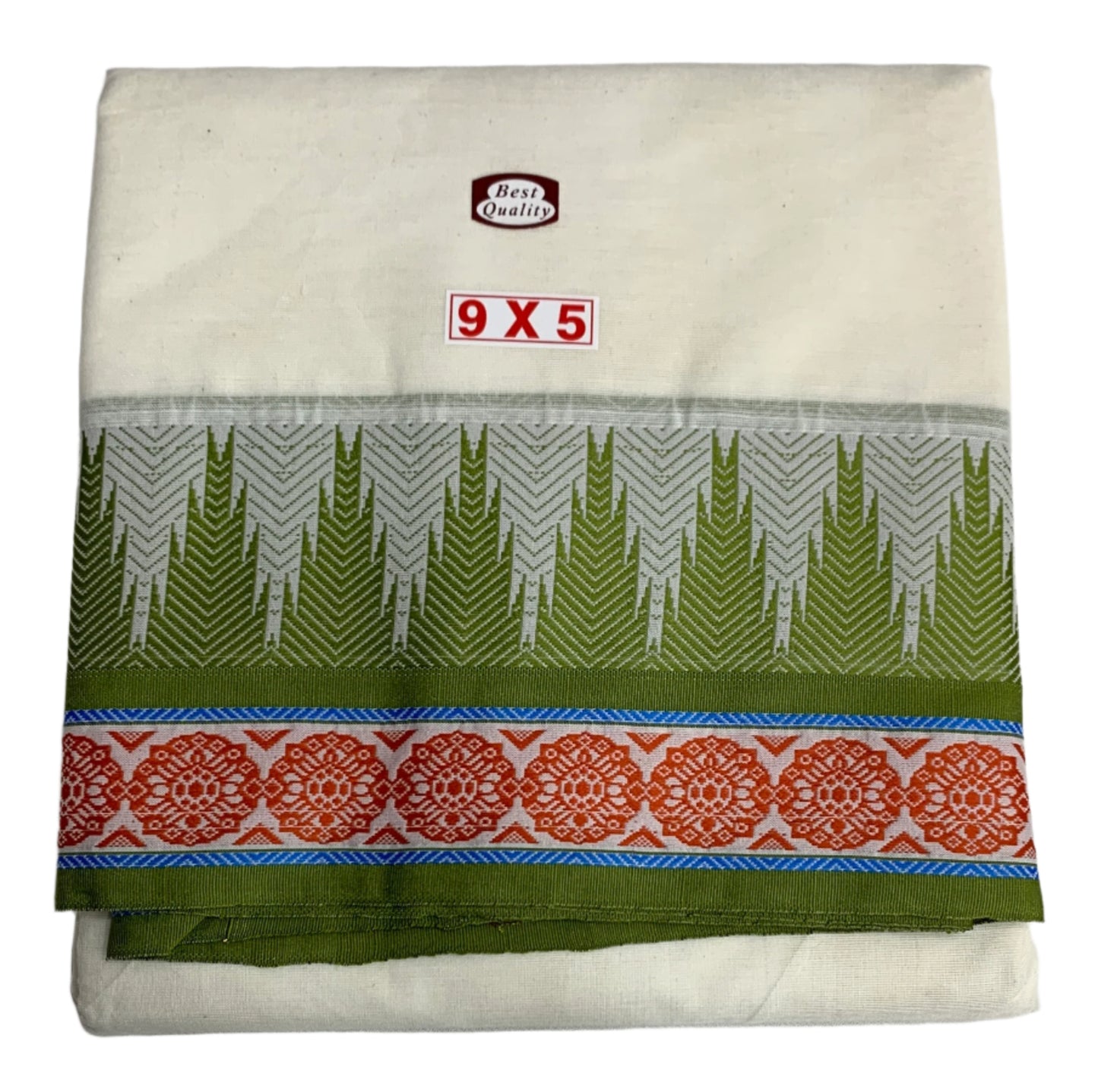 9X5 Cotton Unbleached Dhoti Olive Green and Maroon Border with Angavastram
