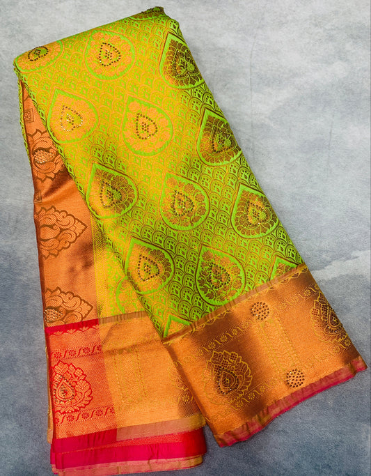 Vegan Silk Saree Apple Green Colour with Copper and Pink Border