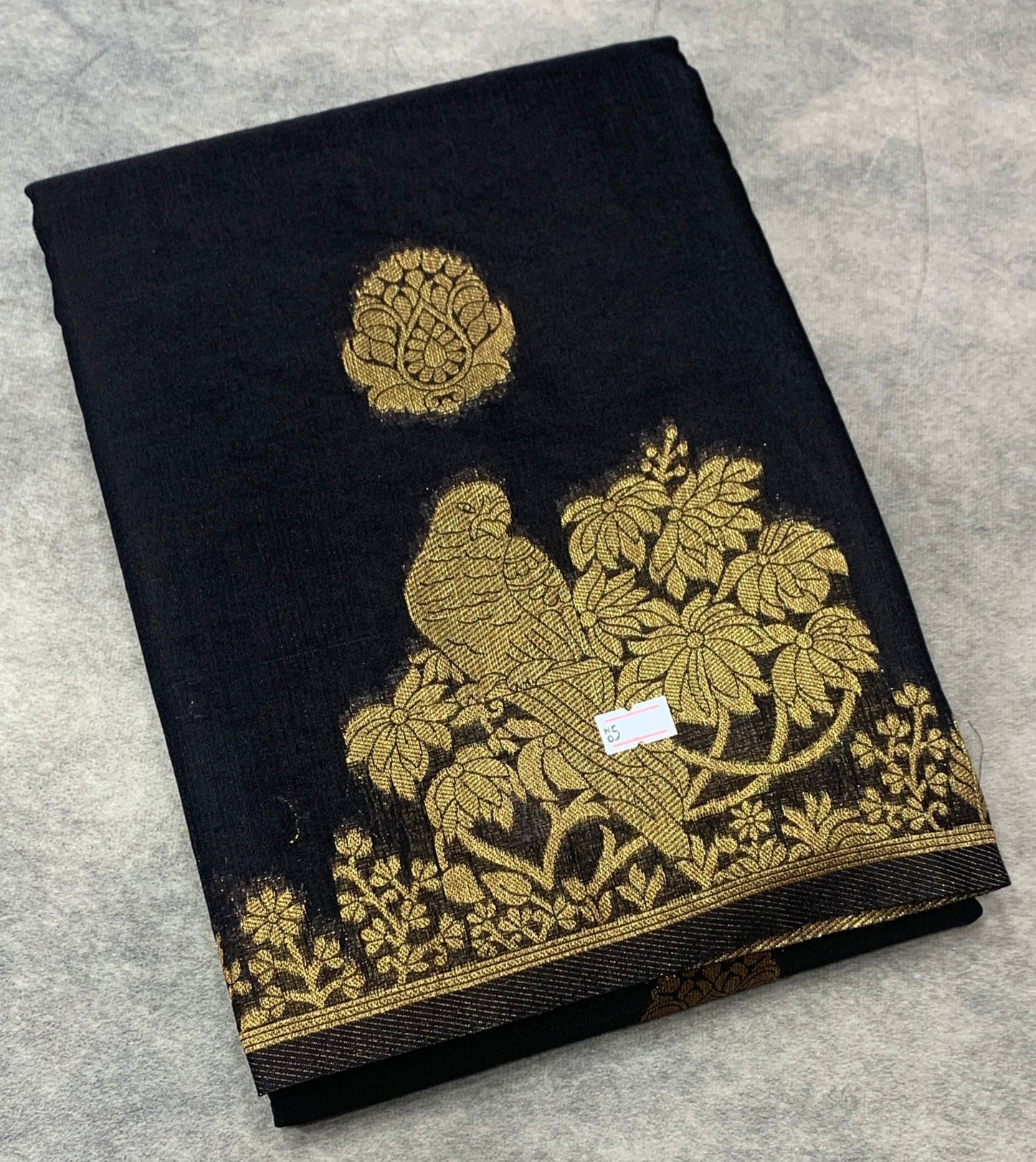 Kora Silk Saree Black Colour with Flower and Parrot Design Border