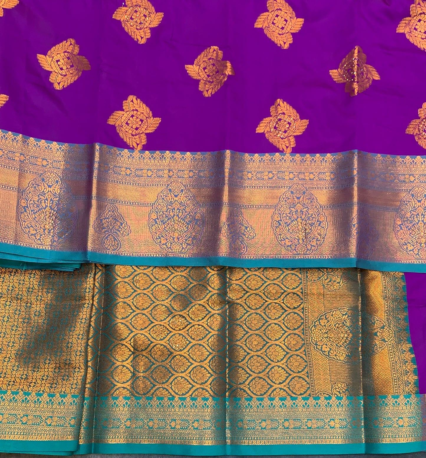 Soft Silk Casual Saree Purple Colour with Rama Green and Golden Colour Border