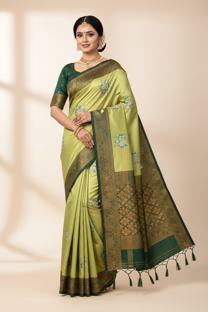 Fancy Tissue Saree Olive Green Colour with Green Border